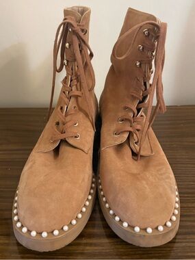 Stuart Weitzman Sondra Women’s Lace-Up Pearl Trim Suede Ankle Boots - Tan 8